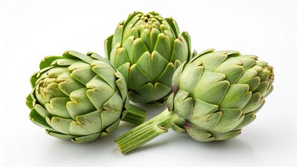 Obraz premium Three Fresh Green Artichokes Isolated on White Background: Vibrant, Healthy, and Ready to Cook.