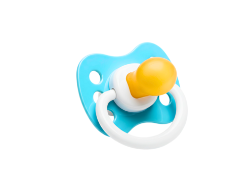 Close up of a blue baby pacifier with a yellow nipple isolated on transparent background