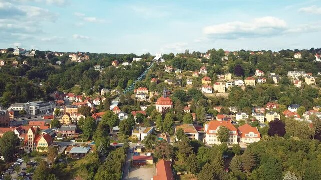 Aerial Drone Footage of the Schwebebahn Dresden in Summer &ndash; Historic Suspension Railway in Germany
