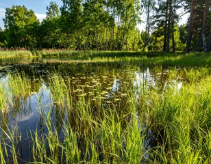 Lush pond in a sunny forest