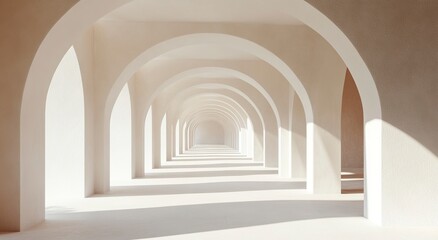 Fototapeta premium 3D render of white arches on the background, a long corridor with arches, a perspective view, light and shadow, minimalistic. 