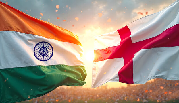 India VS england Cricket Match concept with other participant countries flags on stadium lights background.