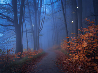Obraz premium Halloween forest path covered in autumn leaves with blue mist and moody lighting ambiance
