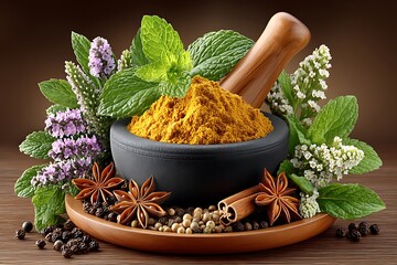 Fresh herbs with powdered spice blend high resolution photo