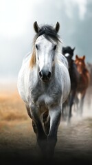 Majestic gray horse leads a herd through a misty meadow at dawn in rural countryside