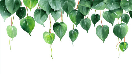 Obraz premium Philodendron Leaves ,A minimalist watercolor painting of heart-shaped philodendron leaves hanging down on a white background, nature wallpaper. Watercolor illustration background.