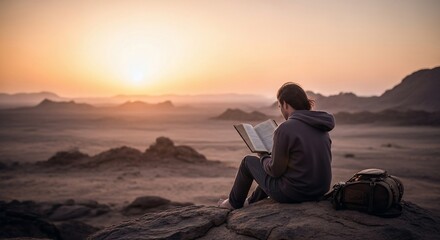 Barefoot Reader on Rocky Peak Absorbed in Book at Sunset with Backpack