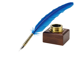 Blue quill pen and inkwell with ink drops isolated on transparent background