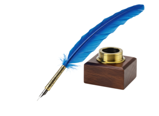 Blue quill pen and inkwell with ink drops isolated on transparent background