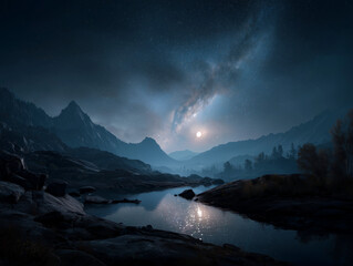 A lake on the moon shimmering beneath the stars