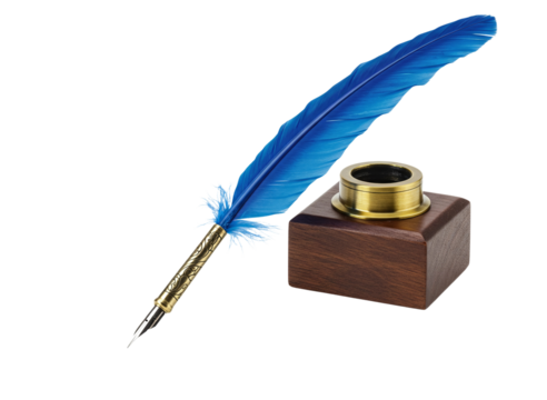 Blue quill pen and inkwell with ink drops isolated on transparent background
