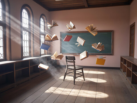 Old classroom interior with floating books and chalkboard bathed in magical sunlight - Powered by Adobe