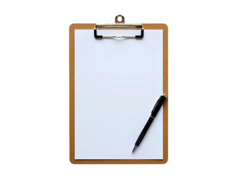 Wooden clipboard with blank white paper and black pen isolated on transparent background