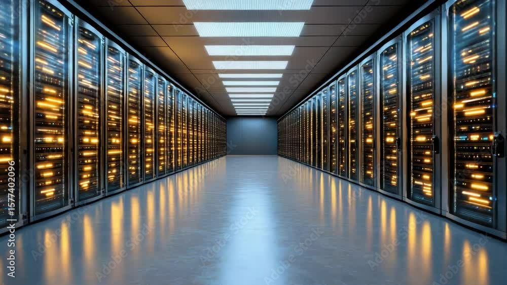 Poster futuristic data center showcasing illuminated server racks and advanced technology storage solutions