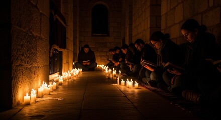 Candlelit vigil: People reading in a stone corridor illuminated by candlelight