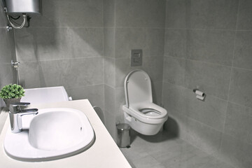 Modern bathroom with wall-mounted toilet and sink featuring minimalistic design