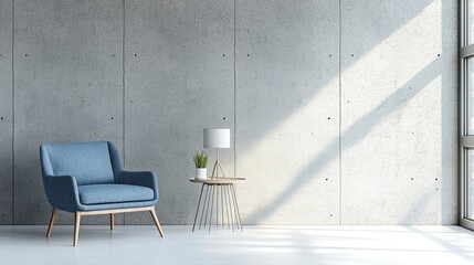 3D rendering of a modern interior design background with a blue armchair and concrete wall mock-up, a side table and lamp on a white floor in an empty room. Modern home decoration concept. Wide-angle 