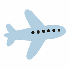 Simple flat airplane icon in blue with round windows. Perfect for travel designs, airline infographics, navigation tools, and transportation-themed illustrations.
