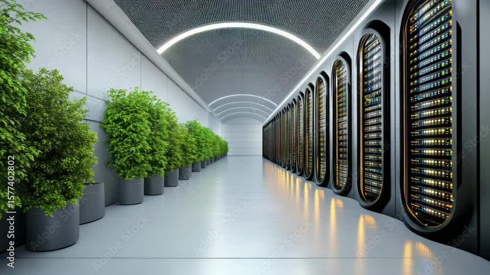 Poster futuristic modern data center architecture with greenery showcasing technology and servers