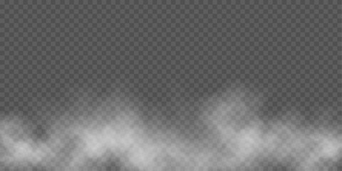 Realistic white fog or smoke effect isolated on transparent background. Misty atmospheric element for overlaying on images, dramatic scenes or cinematic weather visual effects. Vector illustration.