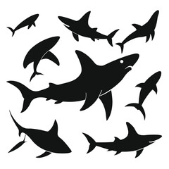 Obraz premium Vector illustration of a set of black silhouettes of sharks and other marine animals in the ocean
