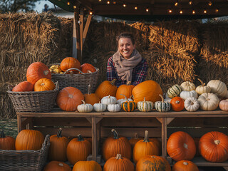 Rustic pumpkin market stall with smiling woman and variety of autumn harvest gourds