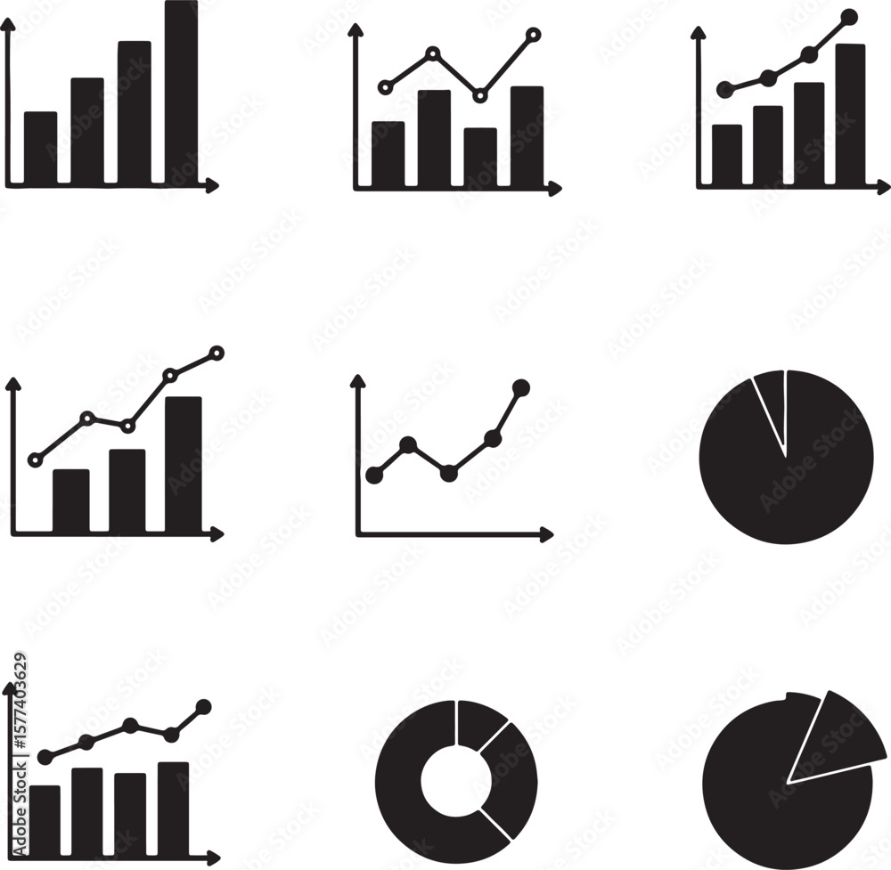 Poster collection of simple black and white charts and graphs representing data and information