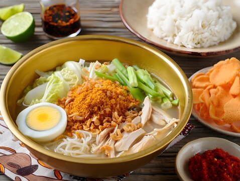 A Bowl of Soto Lamongan. Authentic Indonesian Clear Chicken Soup.