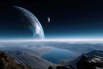 Majestic view of distant planet and moon over tranquil lake during twilight