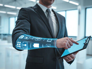 Businessman using holographic interface on tablet with futuristic data UI overlay