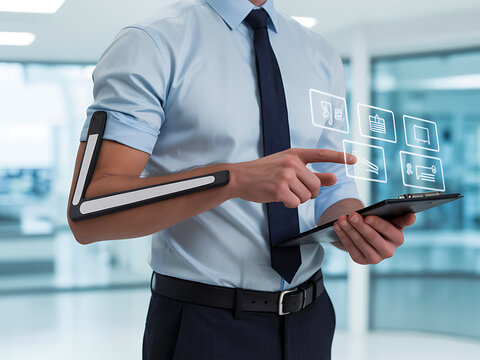 Man interacting with digital touchscreen interface on tablet with futuristic elements
