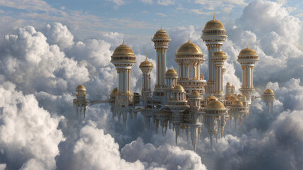 A sky city suspended in the clouds with golden towers