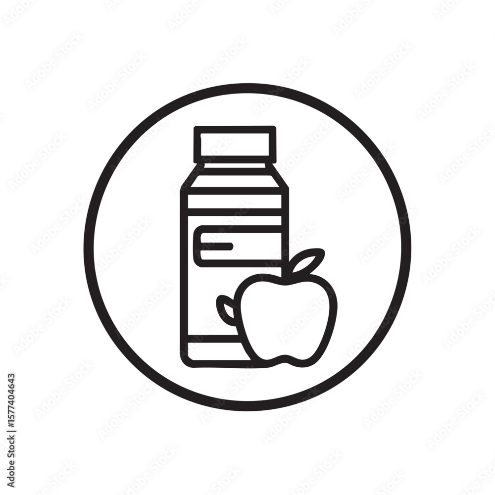 Poster a bottle and an apple within a circular outline.