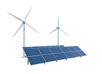 Renewable energy sources with solar panels and wind turbines isolated on transparent background