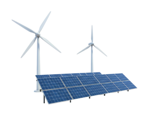 Renewable energy sources with solar panels and wind turbines isolated on transparent background