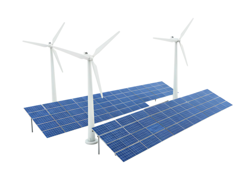 Renewable energy sources with solar panels and wind turbines isolated on transparent background