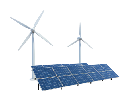 Renewable energy sources with solar panels and wind turbines isolated on transparent background