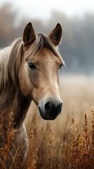 Obraz premium Horse with a flowing mane stands gracefully in a field during the early morning mist in autumn