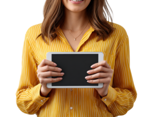 Digital Display: A modern woman, with a friendly smile, holds a sleek, white tablet computer towards the viewer, showcasing its display for all to see. It's a picture of elegance.