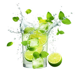 Mojito or lemonade drink Swirl water splash with lime isolated on transparent background.