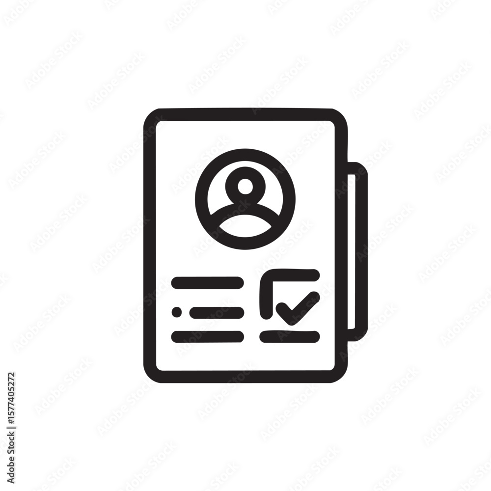 Aufkleber an outline icon of a document with a profile image and checkmark.