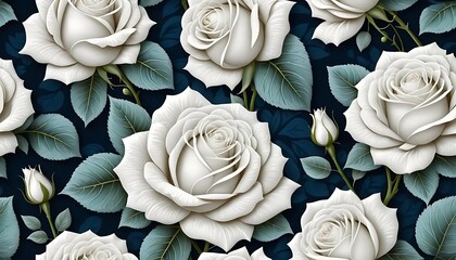 A repeating pattern of white roses with light blue-green leaves set against a dark blue background.