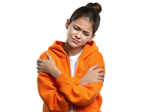 Embracing self: A young girl wraps her arms around herself, her expression revealing a mix of vulnerability and self-comfort. It's a poignant image evoking solitude and a moment of introspection.