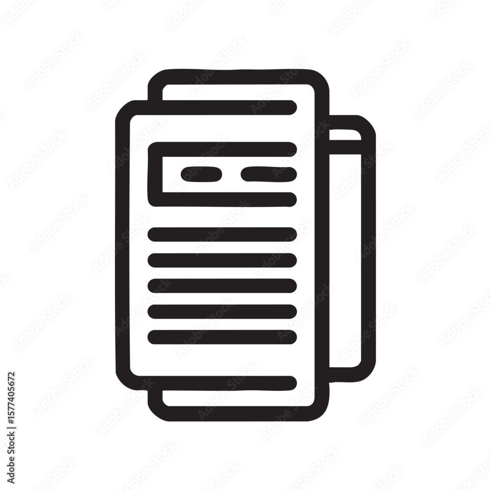 Poster a minimalist line drawing of stacked documents with text.