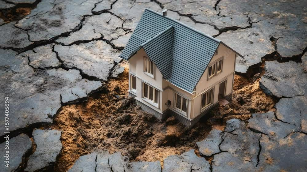 Poster miniature house gradually sinking into the ground during an earthquake simulation, highlighting the 