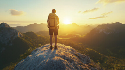 Fototapeta premium Hiker standing on rocky cliff at sunrise overlooking green mountains