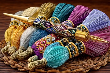 Multicolored thread tassels with gold accent high resolution photo