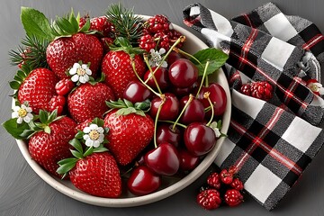 Natural red fruits with floral decoration high resolution image