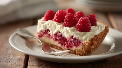 Raspberry cream pie slice served on white ceramic plate with fresh raspberries.

