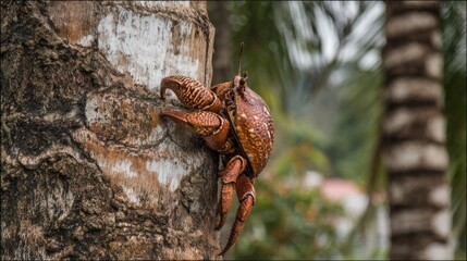 Fototapeta premium Coconut crab on palm tree trunk
